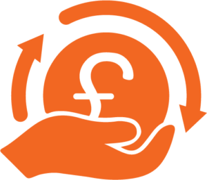 A hand with a money symbol and arrows going around